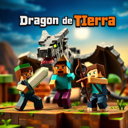 A vibrant and dynamic miniature scene featuring a fierce Earth Dragon with rocky scales and glowing eyes, towering over two Minecraft players in their characteristic pixelated blocky style