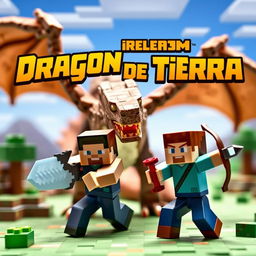 A vibrant and dynamic miniature scene featuring a fierce Earth Dragon with rocky scales and glowing eyes, towering over two Minecraft players in their characteristic pixelated blocky style