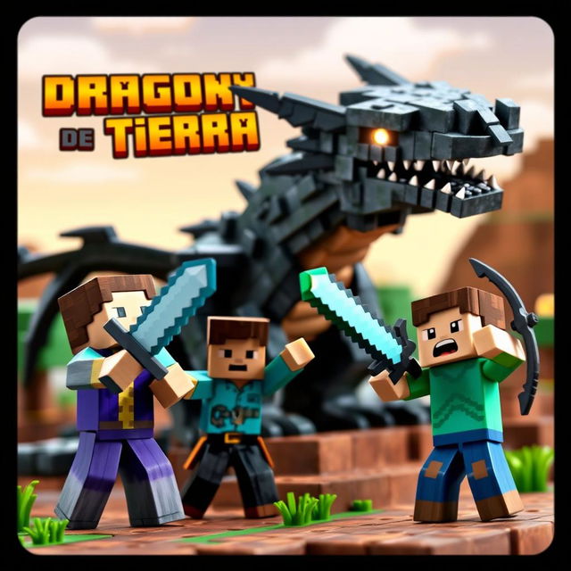 A vibrant and dynamic miniature scene featuring a fierce Earth Dragon with rocky scales and glowing eyes, towering over two Minecraft players in their characteristic pixelated blocky style