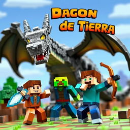 A vibrant and dynamic miniature scene featuring a fierce Earth Dragon with rocky scales and glowing eyes, towering over two Minecraft players in their characteristic pixelated blocky style