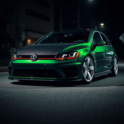 A dark green Mk7 VW Golf parked in a shadowy urban environment