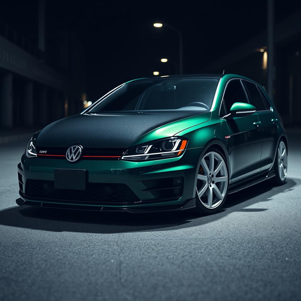 A dark green Mk7 VW Golf parked in a shadowy urban environment