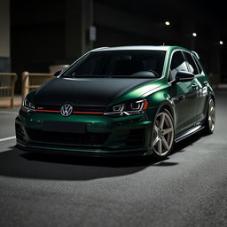 A dark green Mk7 VW Golf parked in a shadowy urban environment