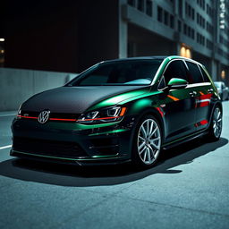 A dark green Mk7 VW Golf parked in a shadowy urban environment