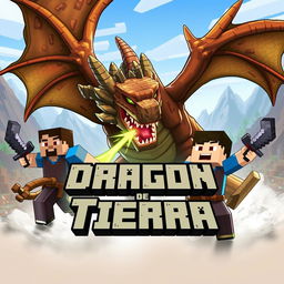 A dynamic scene showcasing a fierce Earth Dragon and two Minecraft players battling against it