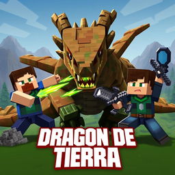 A dynamic scene showcasing a fierce Earth Dragon and two Minecraft players battling against it