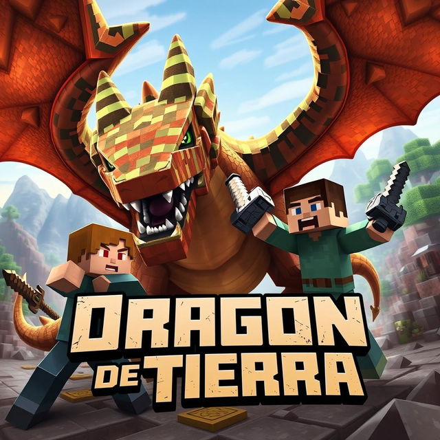 A dynamic scene showcasing a fierce Earth Dragon and two Minecraft players battling against it