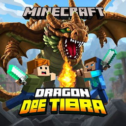A dynamic scene showcasing a fierce Earth Dragon and two Minecraft players battling against it