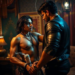 A dynamic scene showcasing a BDSM setting with a strong Indian aesthetic