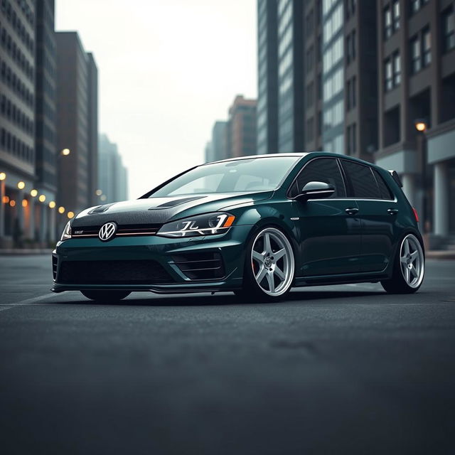 A dark green Mk7 Volkswagen Golf parked in a shadowy urban environment