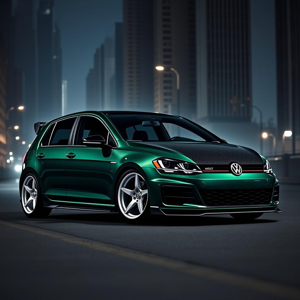 A dark green Mk7 Volkswagen Golf parked in a shadowy urban environment