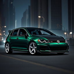 A dark green Mk7 Volkswagen Golf parked in a shadowy urban environment