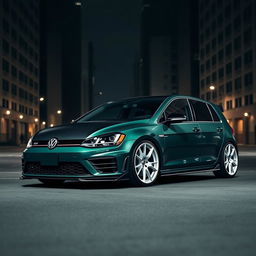 A dark green Mk7 Volkswagen Golf parked in a shadowy urban environment