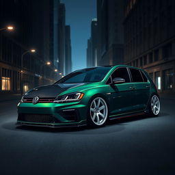 A dark green Mk7 Volkswagen Golf parked in a shadowy urban environment