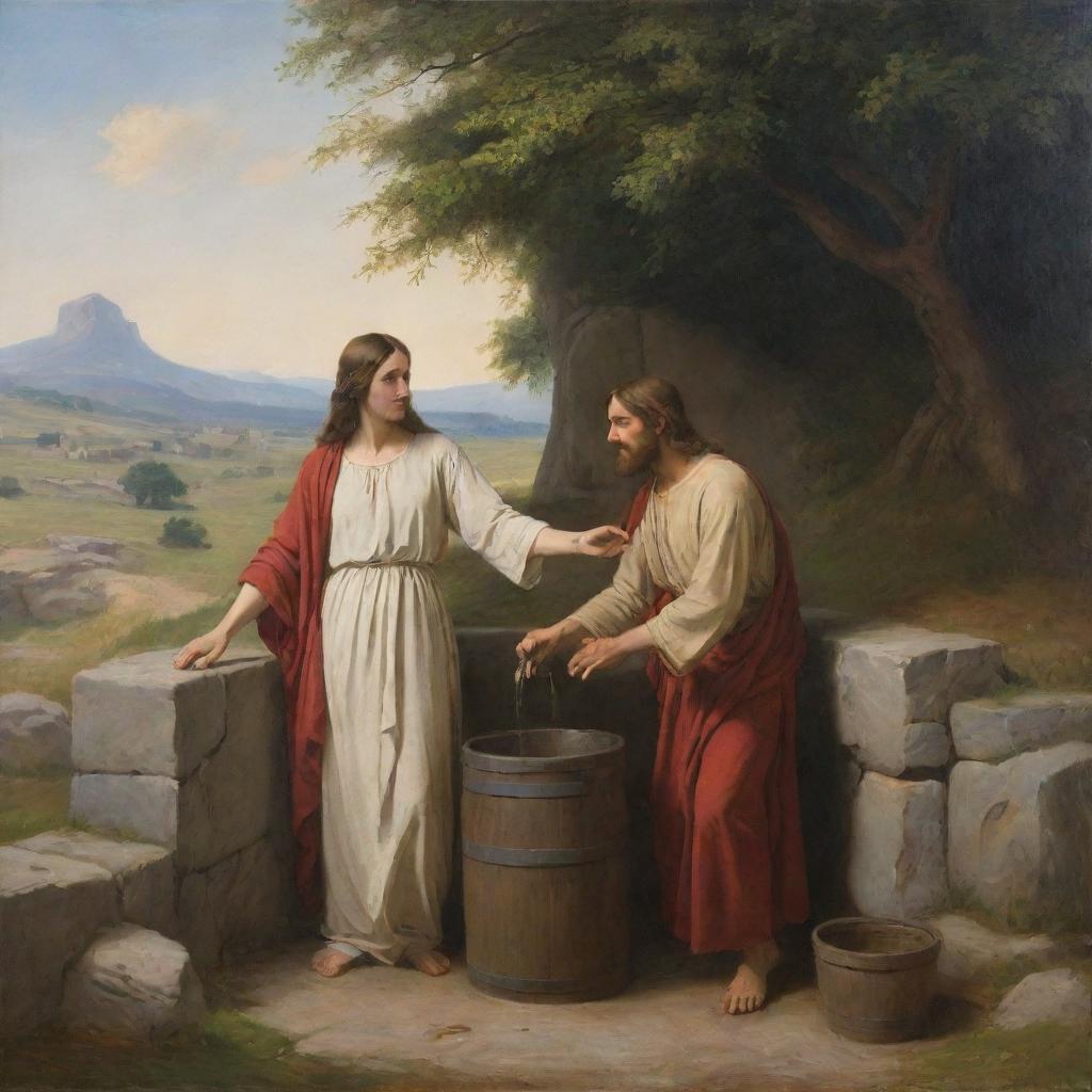 In the style of Carl Bloch, create a scene of Christ and the woman at the well