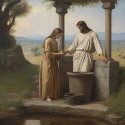 In the style of Carl Bloch, create a scene of Christ and the woman at the well