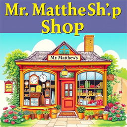 A vibrant and colorful poster featuring the heading 'Mr Matthew's Shop' in large, bold lettering at the top