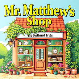 A vibrant and colorful poster featuring the heading 'Mr Matthew's Shop' in large, bold lettering at the top