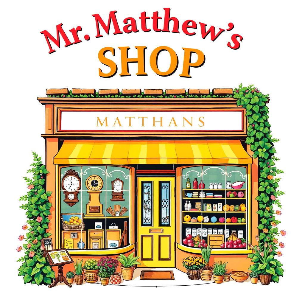 A vibrant and colorful poster featuring the heading 'Mr Matthew's Shop' in large, bold lettering at the top