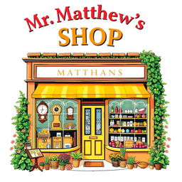 A vibrant and colorful poster featuring the heading 'Mr Matthew's Shop' in large, bold lettering at the top