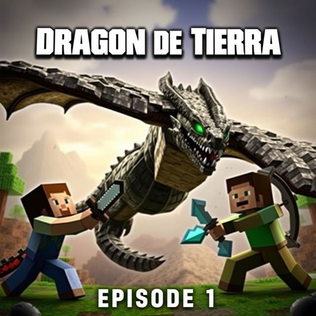 A realistic thumbnail featuring a fierce Earth Dragon engaged in battle with two Minecraft characters