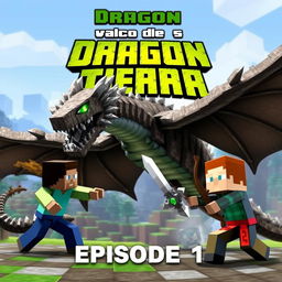 A realistic thumbnail featuring a fierce Earth Dragon engaged in battle with two Minecraft characters