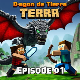 A realistic thumbnail featuring a fierce Earth Dragon engaged in battle with two Minecraft characters