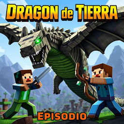 A realistic thumbnail featuring a fierce Earth Dragon engaged in battle with two Minecraft characters