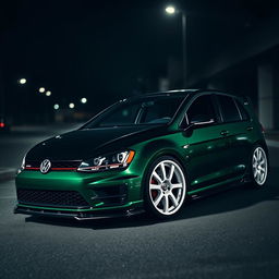 A dark green Mk7 VW Golf parked in a dimly lit urban environment at night