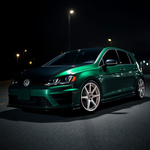 A dark green Mk7 VW Golf parked in a dimly lit urban environment at night