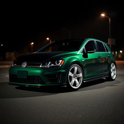 A dark green Mk7 VW Golf parked in a dimly lit urban environment at night