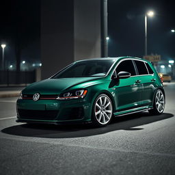 A dark green Mk7 VW Golf parked in a dimly lit urban environment at night