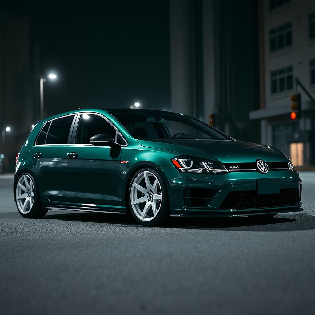 A dark green Mk7 Volkswagen Golf, featuring a sleek black hood and an aggressive body kit