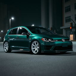 A dark green Mk7 Volkswagen Golf, featuring a sleek black hood and an aggressive body kit