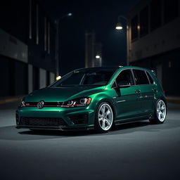 A dark green Mk7 Volkswagen Golf, featuring a sleek black hood and an aggressive body kit
