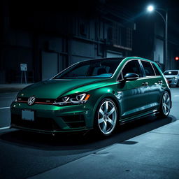 A dark green Mk7 Volkswagen Golf, featuring a sleek black hood and an aggressive body kit