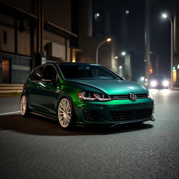 A dark green Mk7 Volkswagen Golf, featuring a sleek black hood and an aggressive body kit
