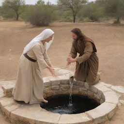 Depict the scene from the Bible where Christ interacts with the woman at the well