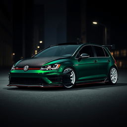 A dark green Mk7 VW Golf featuring a striking carbon bonnet, an aggressive body kit, and eye-catching white wheels