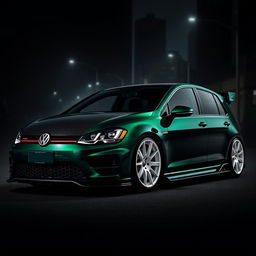 A dark green Mk7 VW Golf featuring a striking carbon bonnet, an aggressive body kit, and eye-catching white wheels