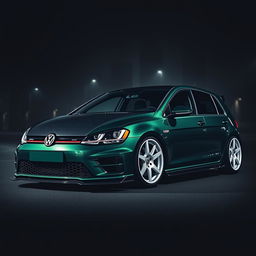 A dark green Mk7 VW Golf featuring a striking carbon bonnet, an aggressive body kit, and eye-catching white wheels