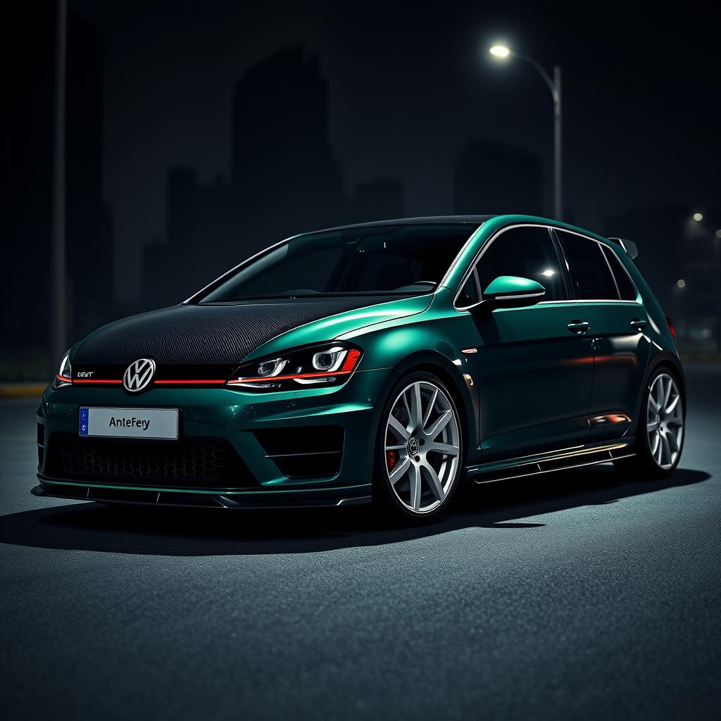 A dark green Mk7 VW Golf featuring a striking carbon bonnet, an aggressive body kit, and eye-catching white wheels