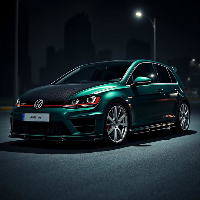 A dark green Mk7 VW Golf featuring a striking carbon bonnet, an aggressive body kit, and eye-catching white wheels