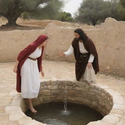 Depict the scene from the Bible where Christ interacts with the woman at the well