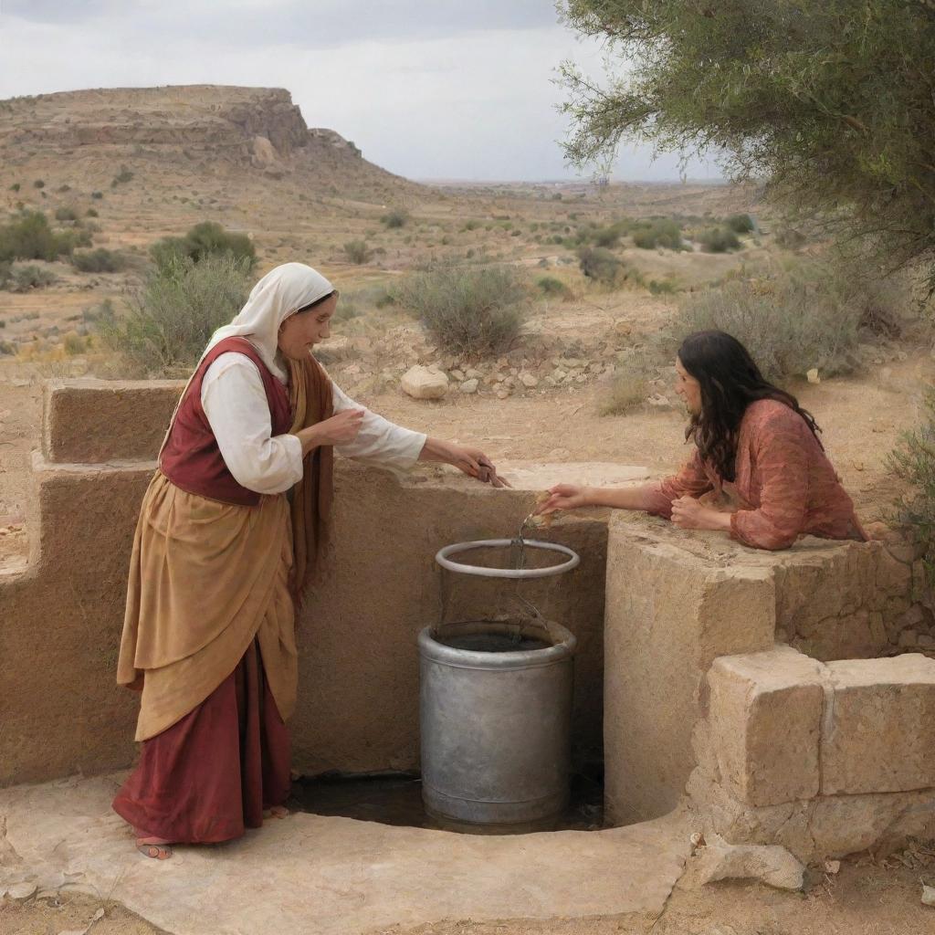 Depict the scene from the Bible where Christ interacts with the woman at the well