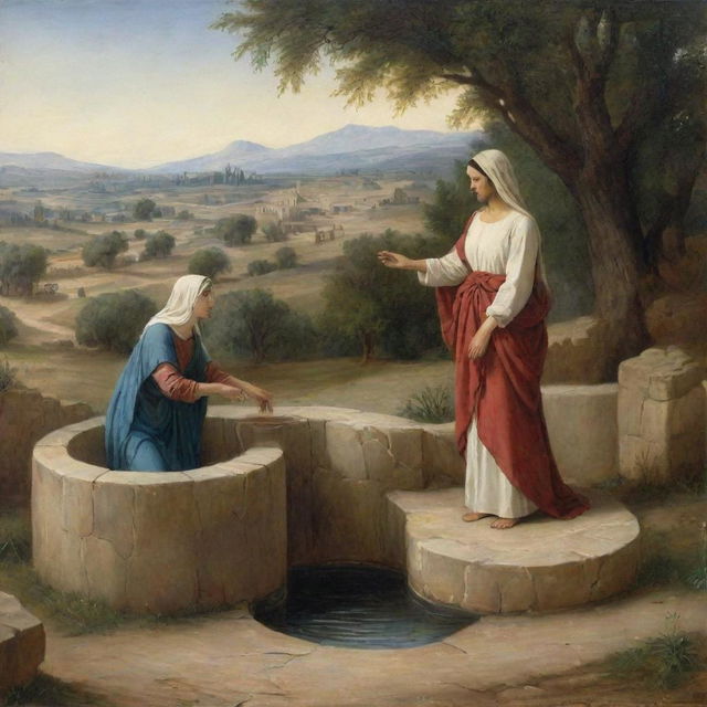 Academicism style depiction of the biblical scene where Christ meets the woman at the well