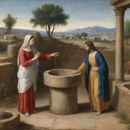 Academicism style depiction of the biblical scene where Christ meets the woman at the well