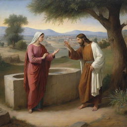 Academicism style depiction of the biblical scene where Christ meets the woman at the well