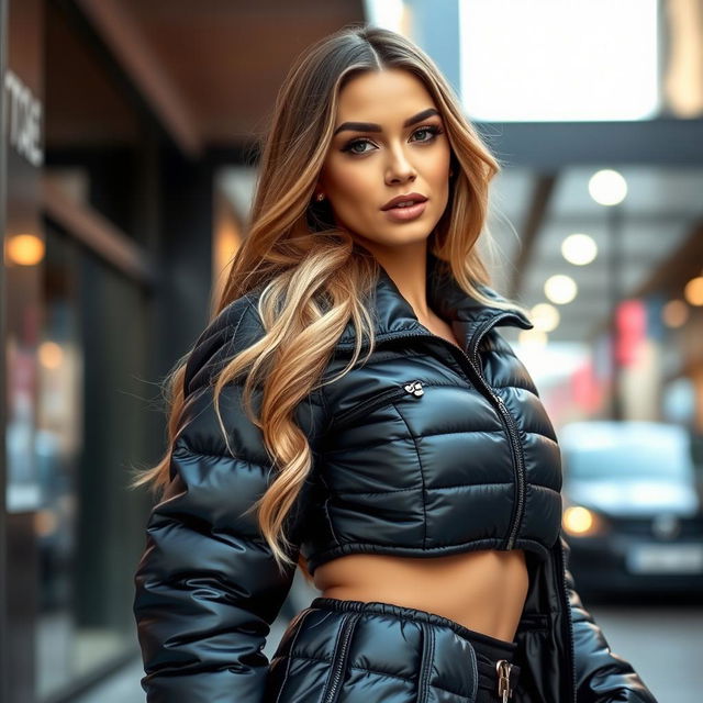 A beautiful young woman dressed in a tight, shiny black puffer jacket that accentuates her figure, especially her curves