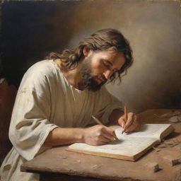 Depict Christ writing in the dust in the style of Carl Bloch